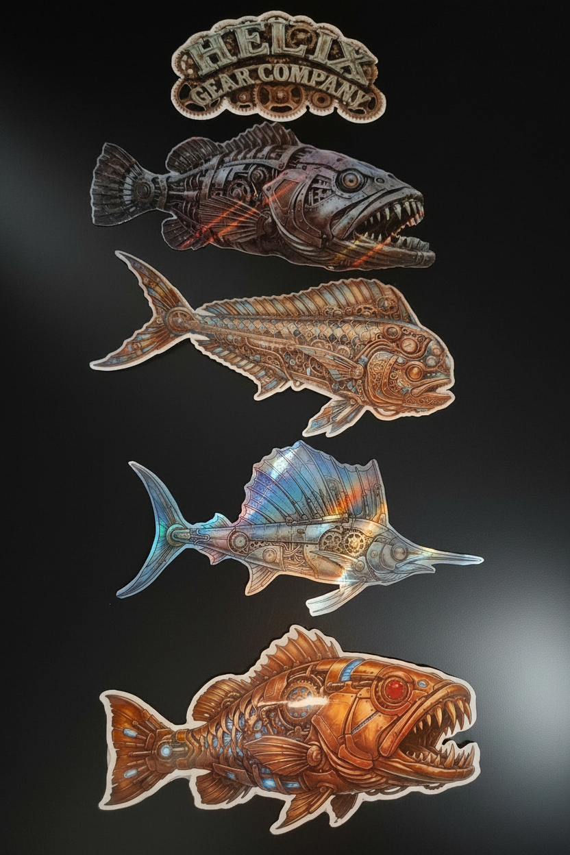Mechanical Fish Sticker Pack - Flat Black Background