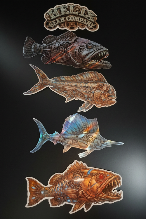 Mechanical Fish Sticker Pack - Flat Black Background